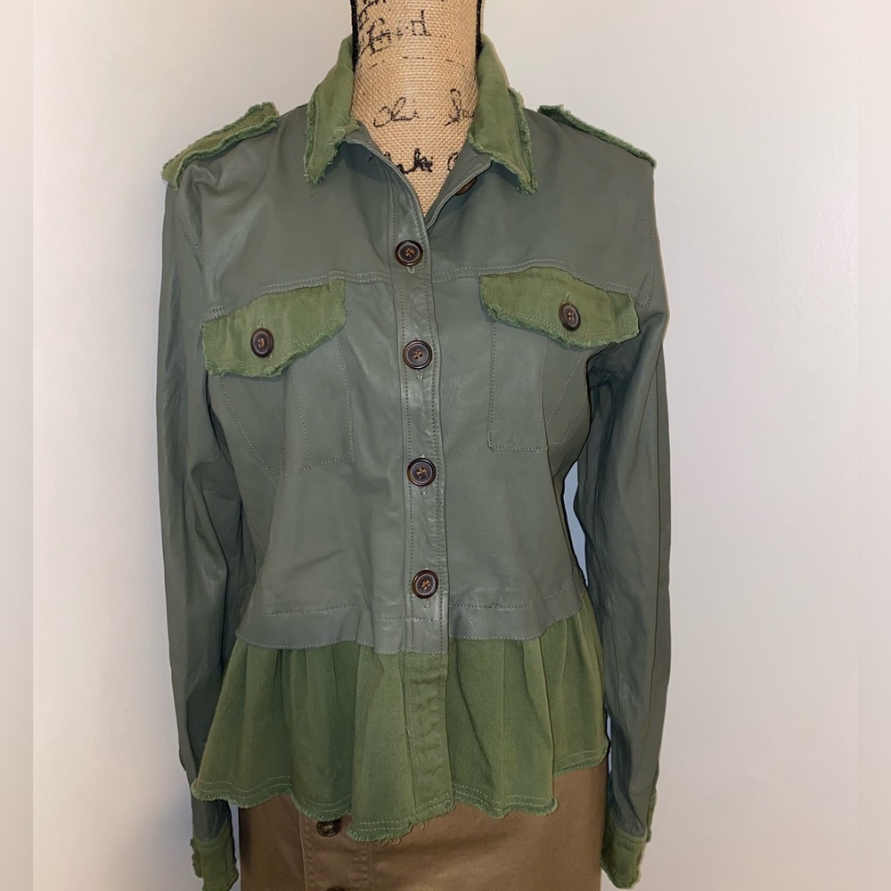JKT NYC Leather / Canvas Peplum Jacket in  Army Green